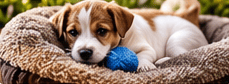 Jonge puppy met speelgoed op een zachte mand na een trainingsmoment